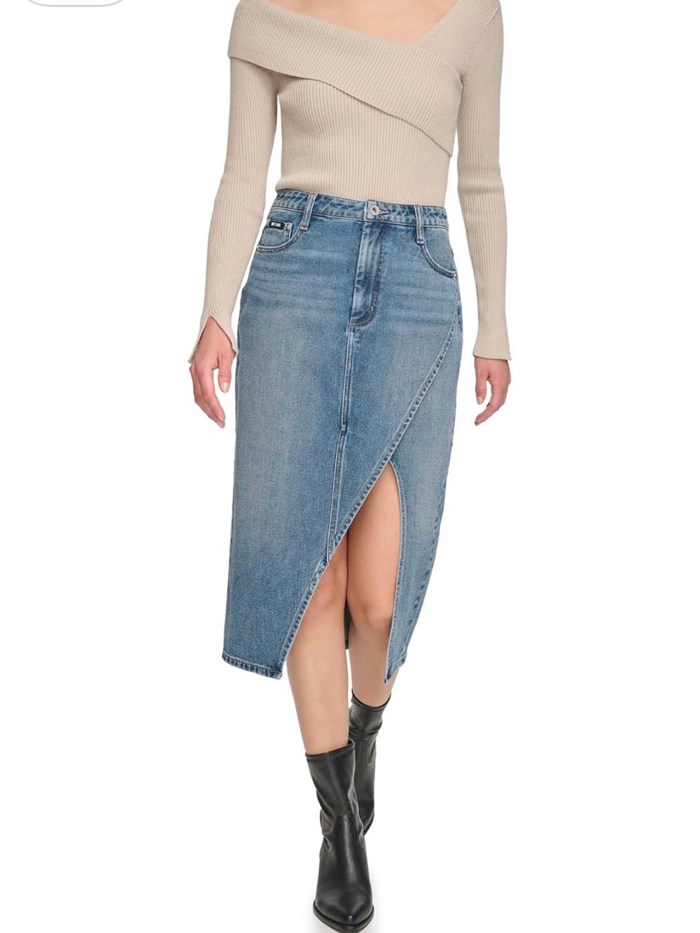 DKNY Asymmetric Front-Slit Denim Midi Skirt in Light Blue women’s 28